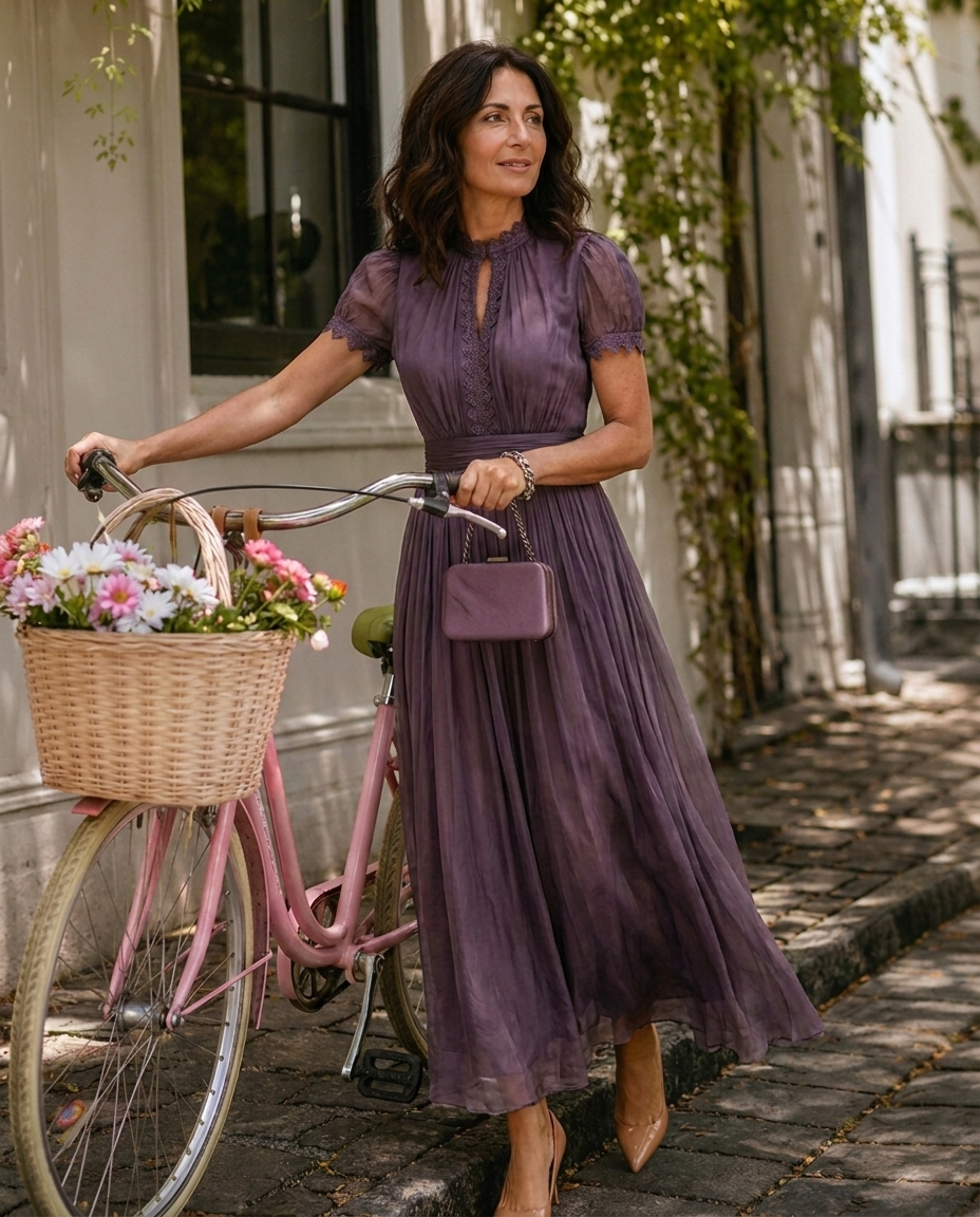 Abito maxi viola in tulle con scollo a goccia e maniche a sbuffo, vita arricciata