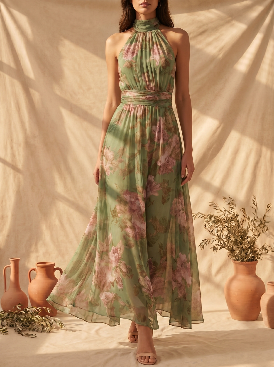 Abito maxi halter verde menta con fiori rosa, gonna svasata e vita arricciata