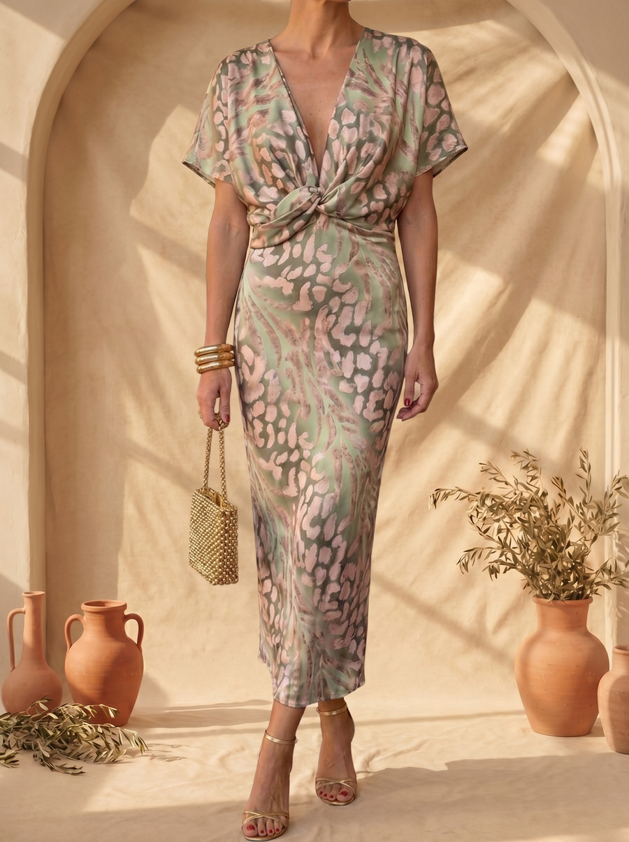 Vestito midi con scollo a V e nodo in vita, maniche corte, fantasia verde salvia e marrone