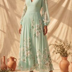 Abito midi verde chiaro con scollo a V e maniche velate floreali, vita arricciata
