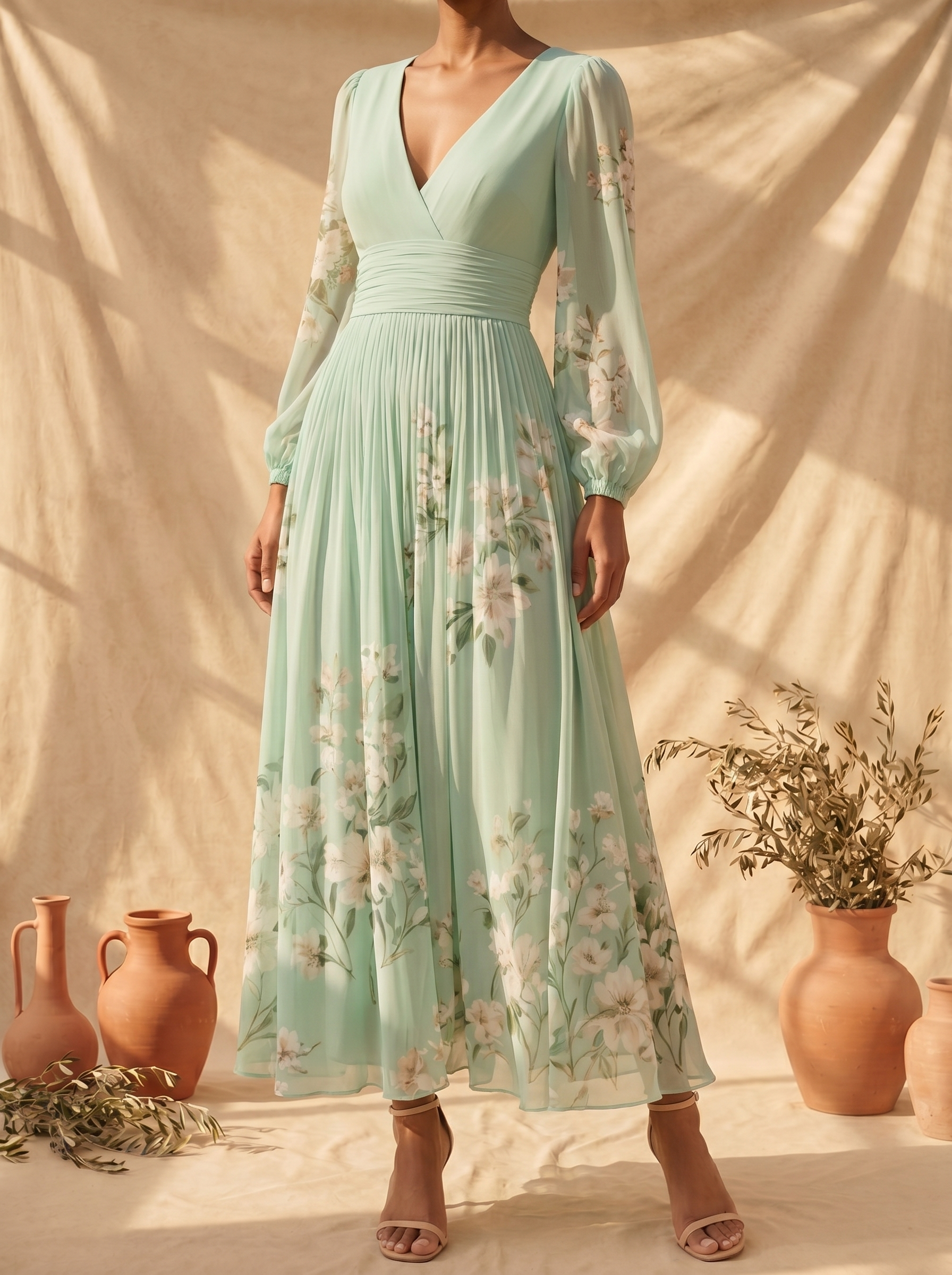 Abito midi verde chiaro con scollo a V e maniche velate floreali, vita arricciata