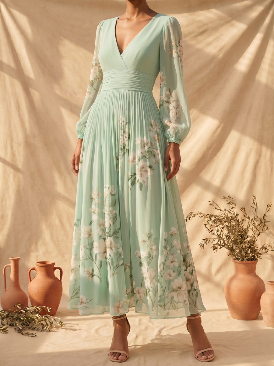 Abito midi verde chiaro con scollo a V e maniche velate floreali, vita arricciata