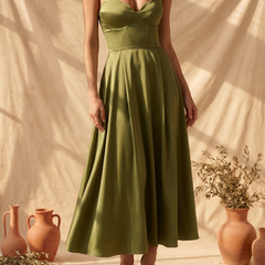 Abito midi verde a fascia con scollo cuore e gonna ampia svasata dalla vita