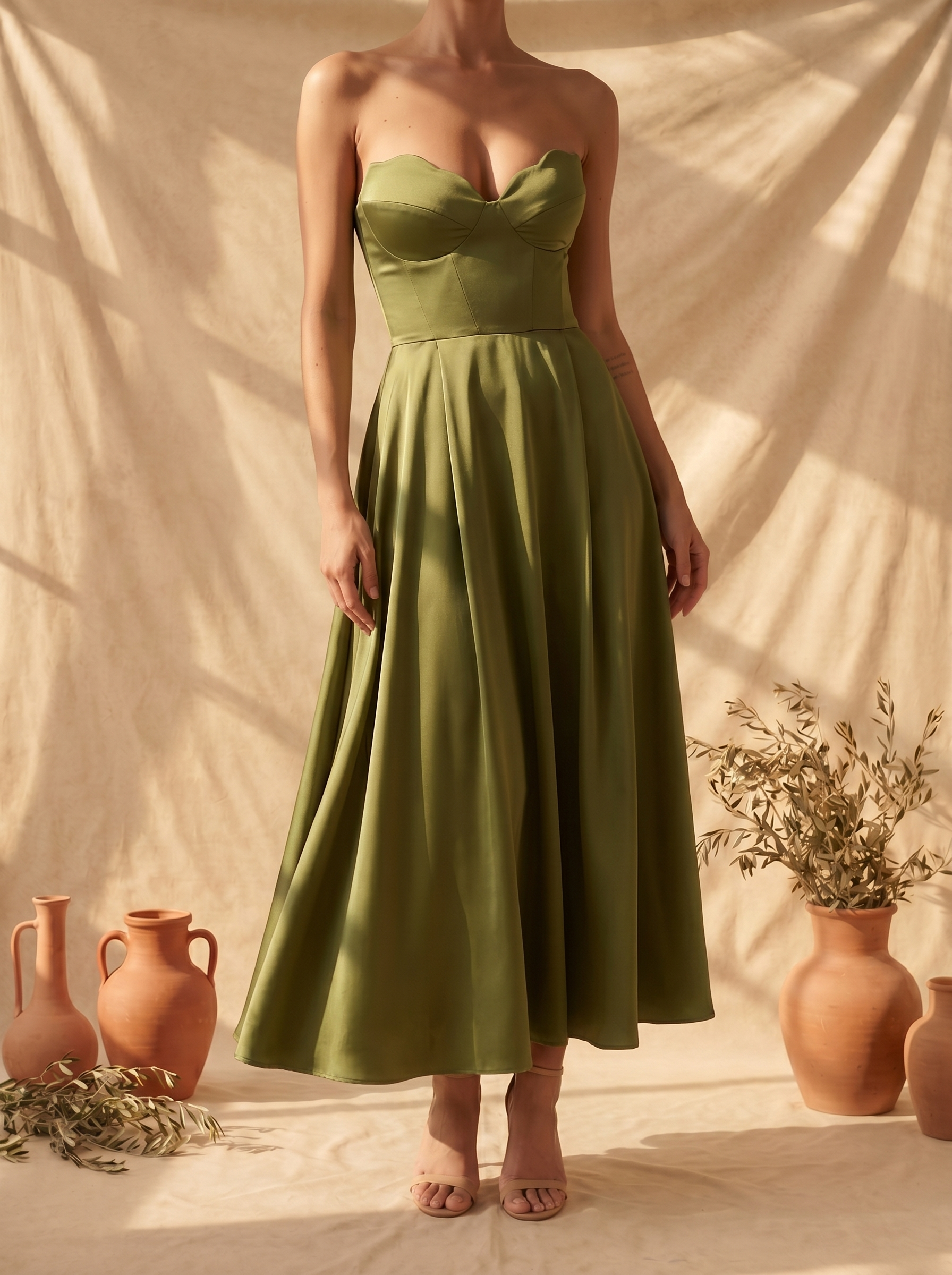 Abito midi verde a fascia con scollo cuore e gonna ampia svasata dalla vita