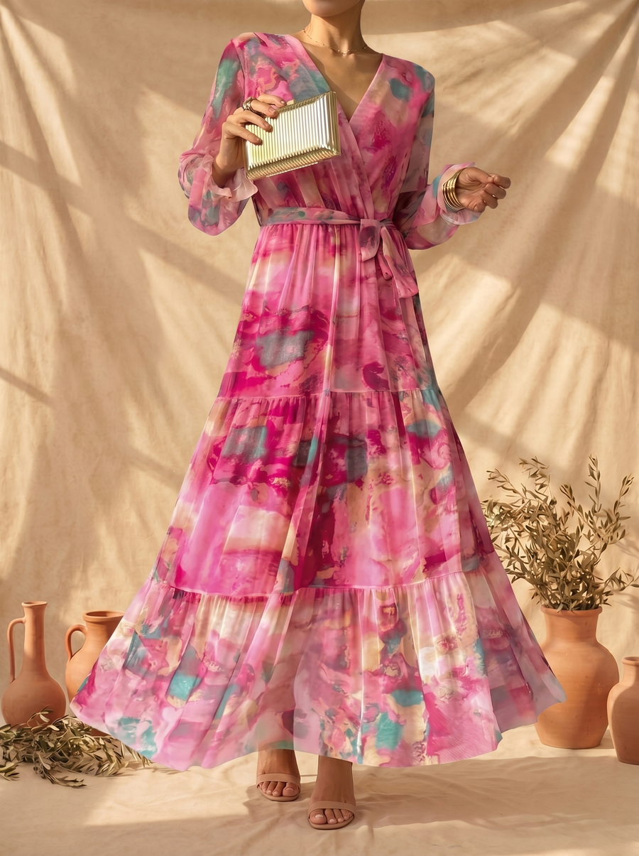 Vestito lungo a portafoglio rosso rosa con stampa floreale, cintura e balze