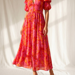 Abito maxi fantasia rosa e arancio con scollo a V e maniche a palloncino a balze