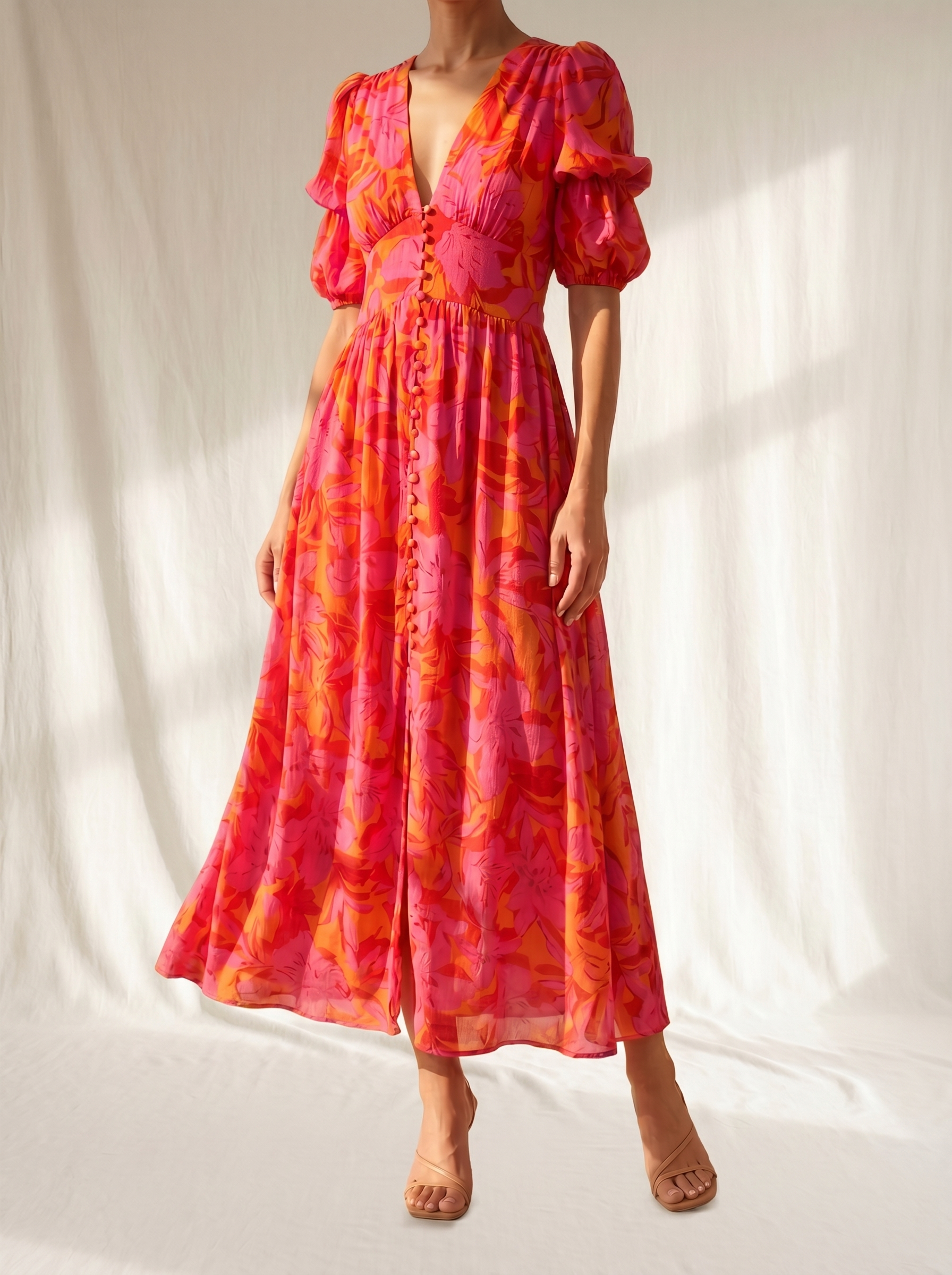 Abito maxi fantasia rosa e arancio con scollo a V e maniche a palloncino a balze
