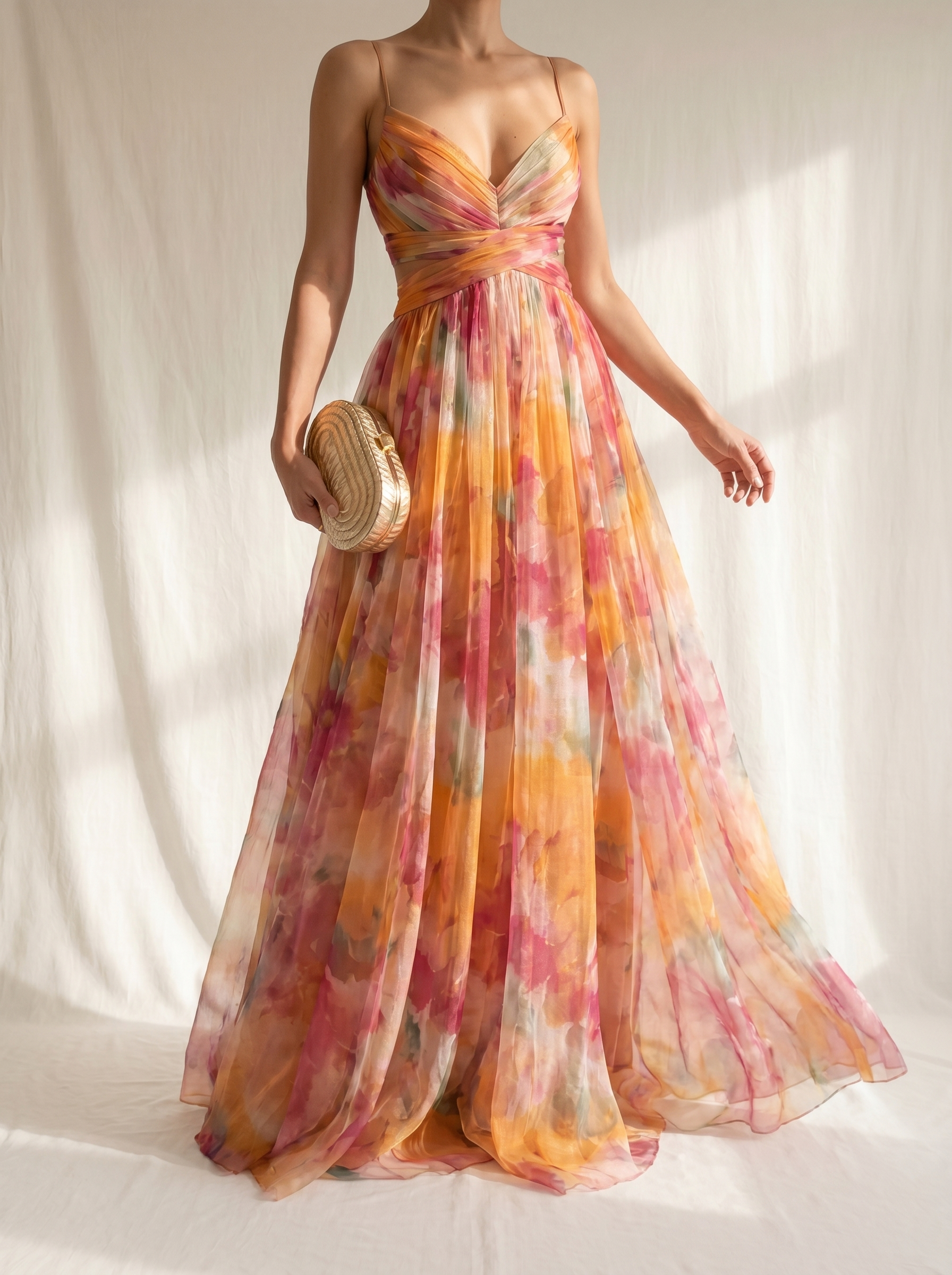 Abito maxi floreale multicolor con corsetto annodato e bretelle sottili, gonna ampia.