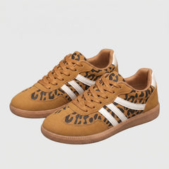 Scarpe da ginnastica ortopediche senape leopardate con lacci e strisce bianche