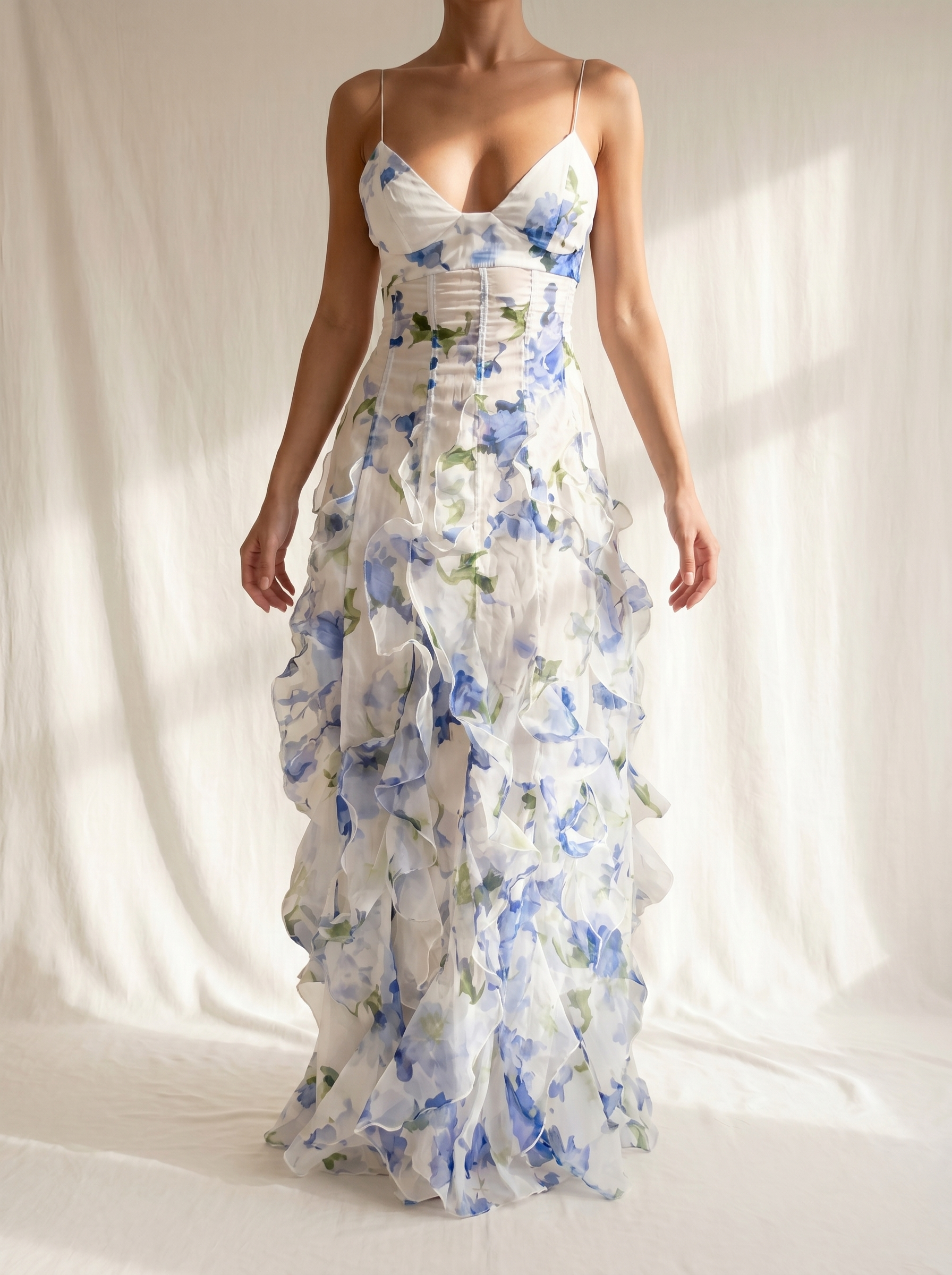 Abito midi floreale con bretelle sottili e scollo a V, balze su fondo bianco-blu