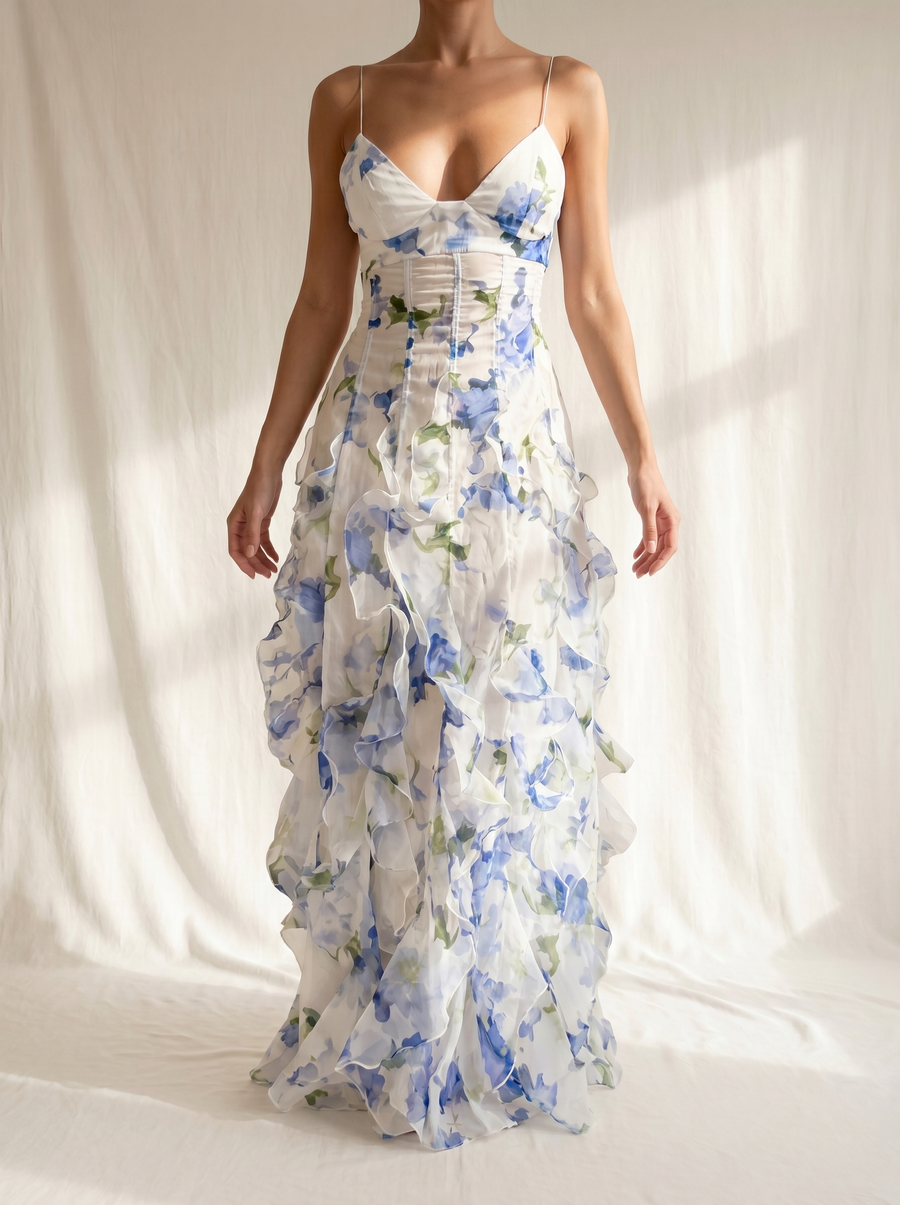 Abito midi floreale con bretelle sottili e scollo a V, balze su fondo bianco-blu