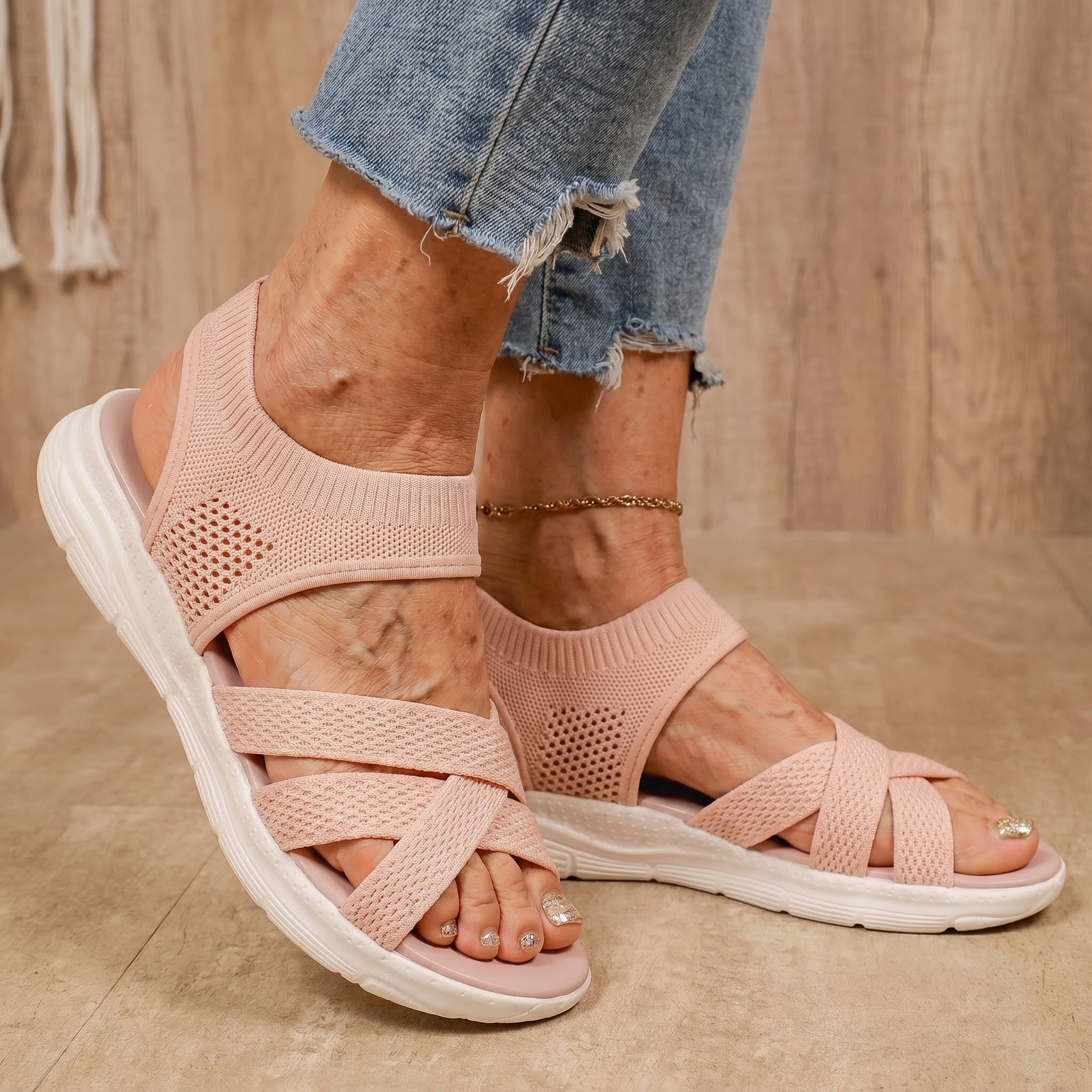 Sandali ortopedici comfort VITTORIA rosa con fascia incrociata e tessuto traforato