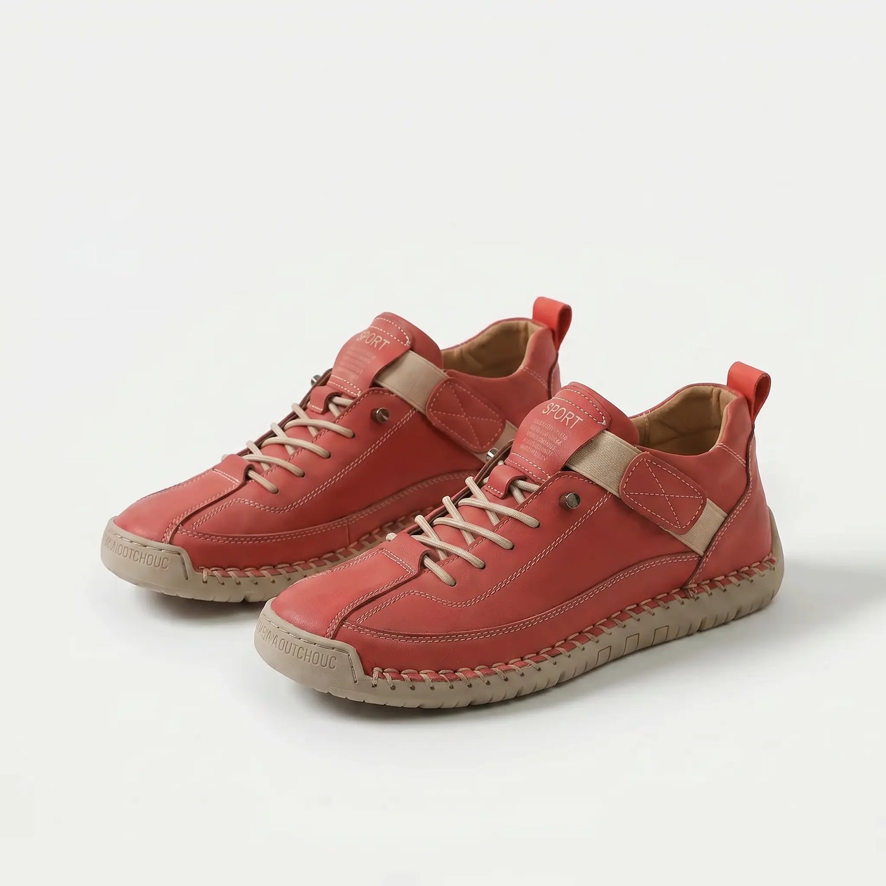 Sneaker ortopedica comoda rossa, lacci frontali e suola beige antiscivolo