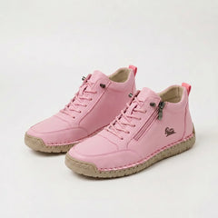 Scarpe ortopediche comode rosa con lacci e cerniera laterale, suola chiara