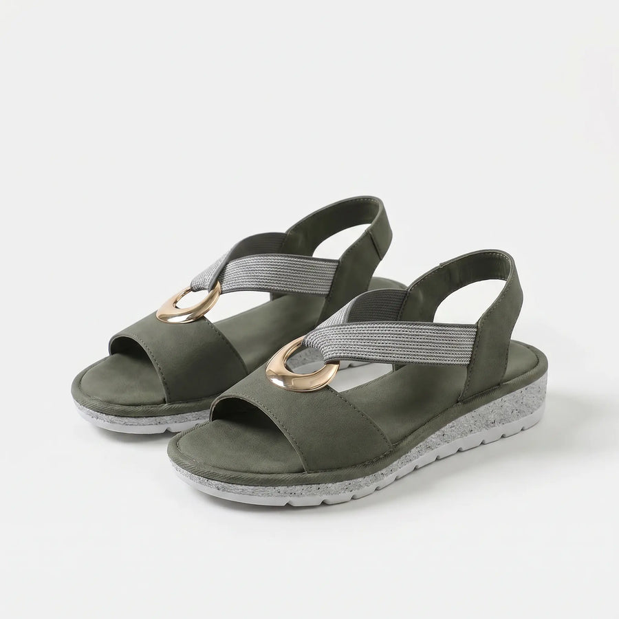 Sandali ortopedici comfort in pelle scamosciata verde oliva, cinturino elastico e fibbia