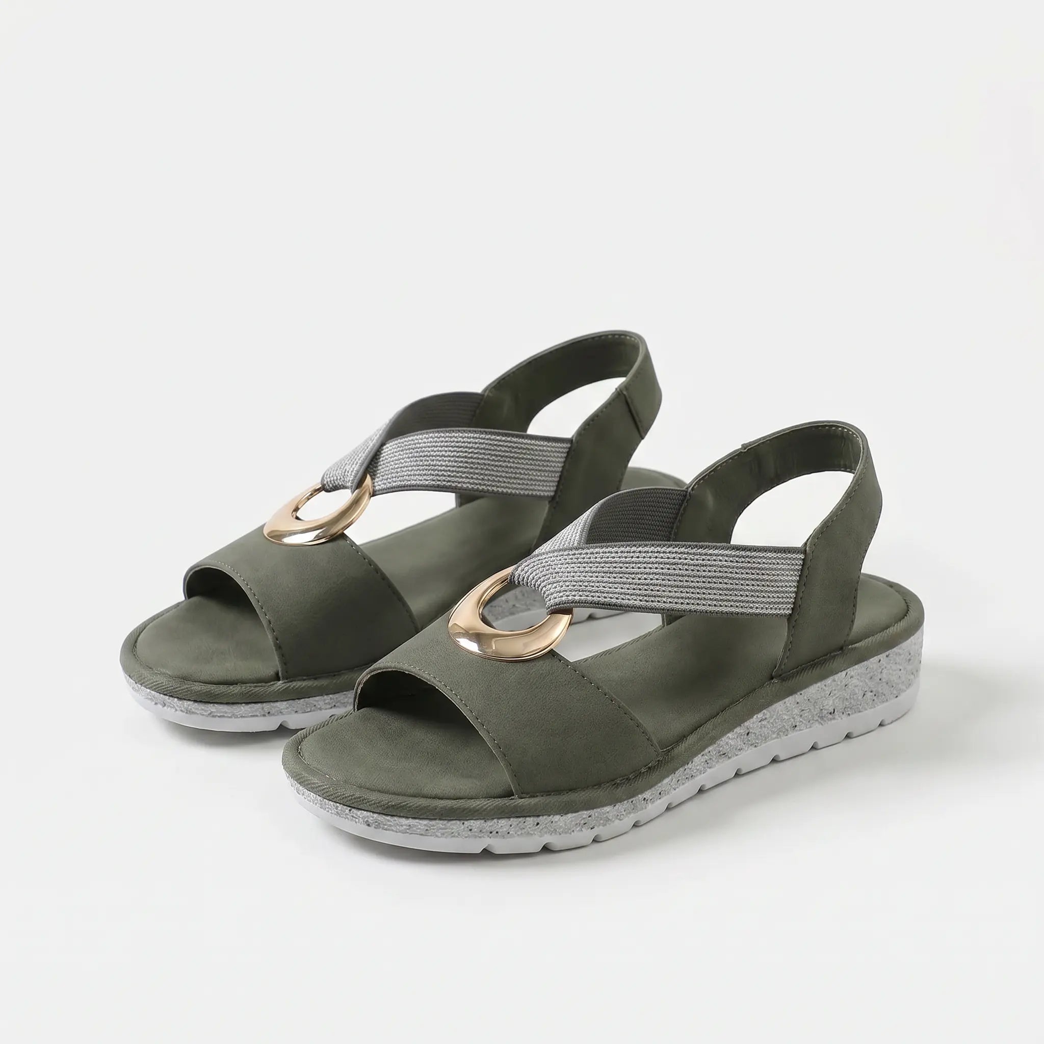 Sandali ortopedici verde oliva con fascia a strappo e fibbia metallica ad anello