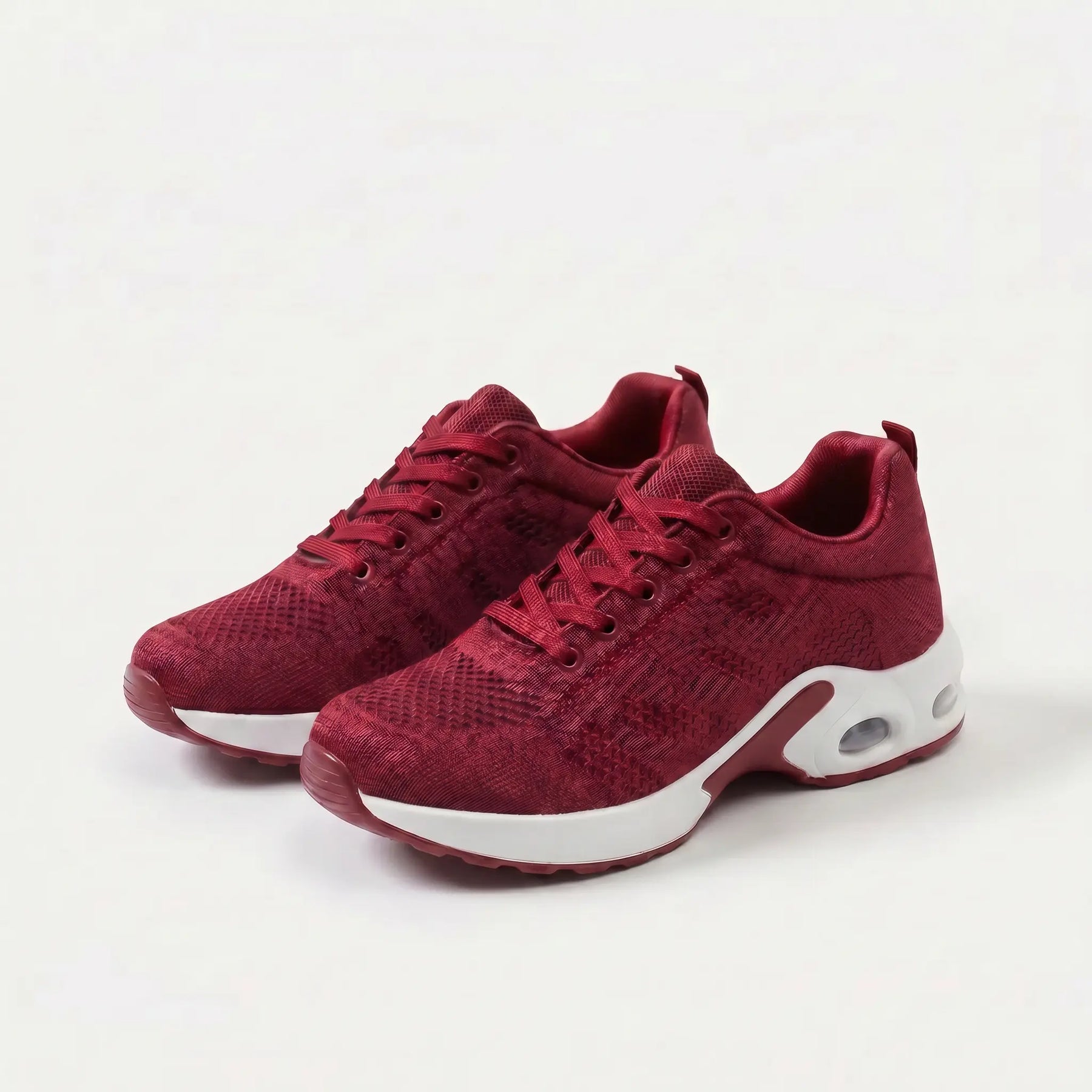 Scarpe ergonomiche con lacci, tomaia tessuto rosso bordeaux e suola ammortizzata bianca