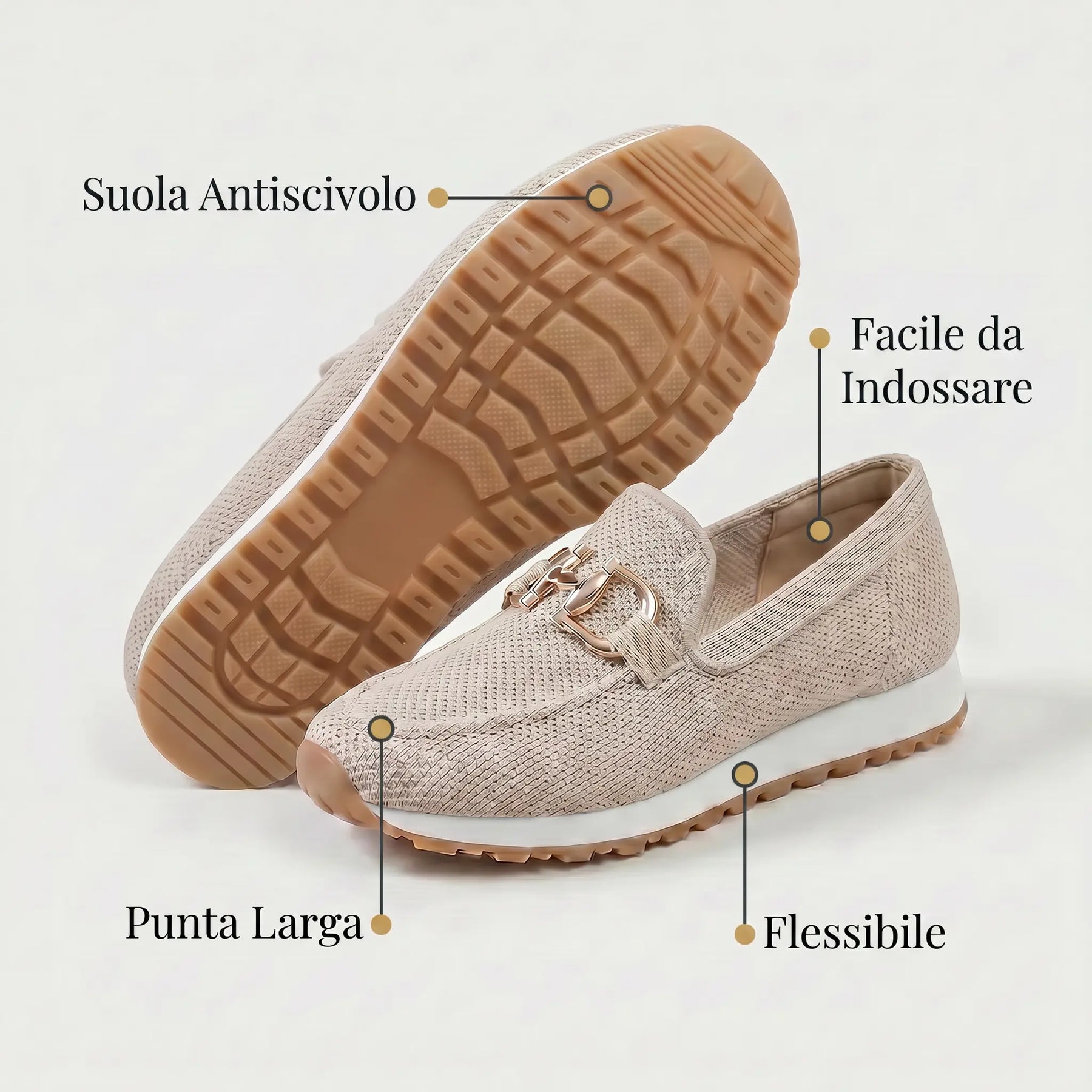 Mocassini ortopedici comfort beige: suola antiscivolo, punta larga e soletta flessibile