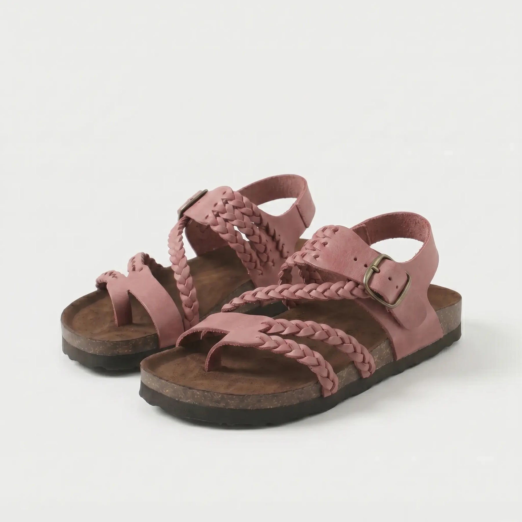 Sandali ortopedici con plantare comfort, cinturini intrecciati rosa cipria e fibbia