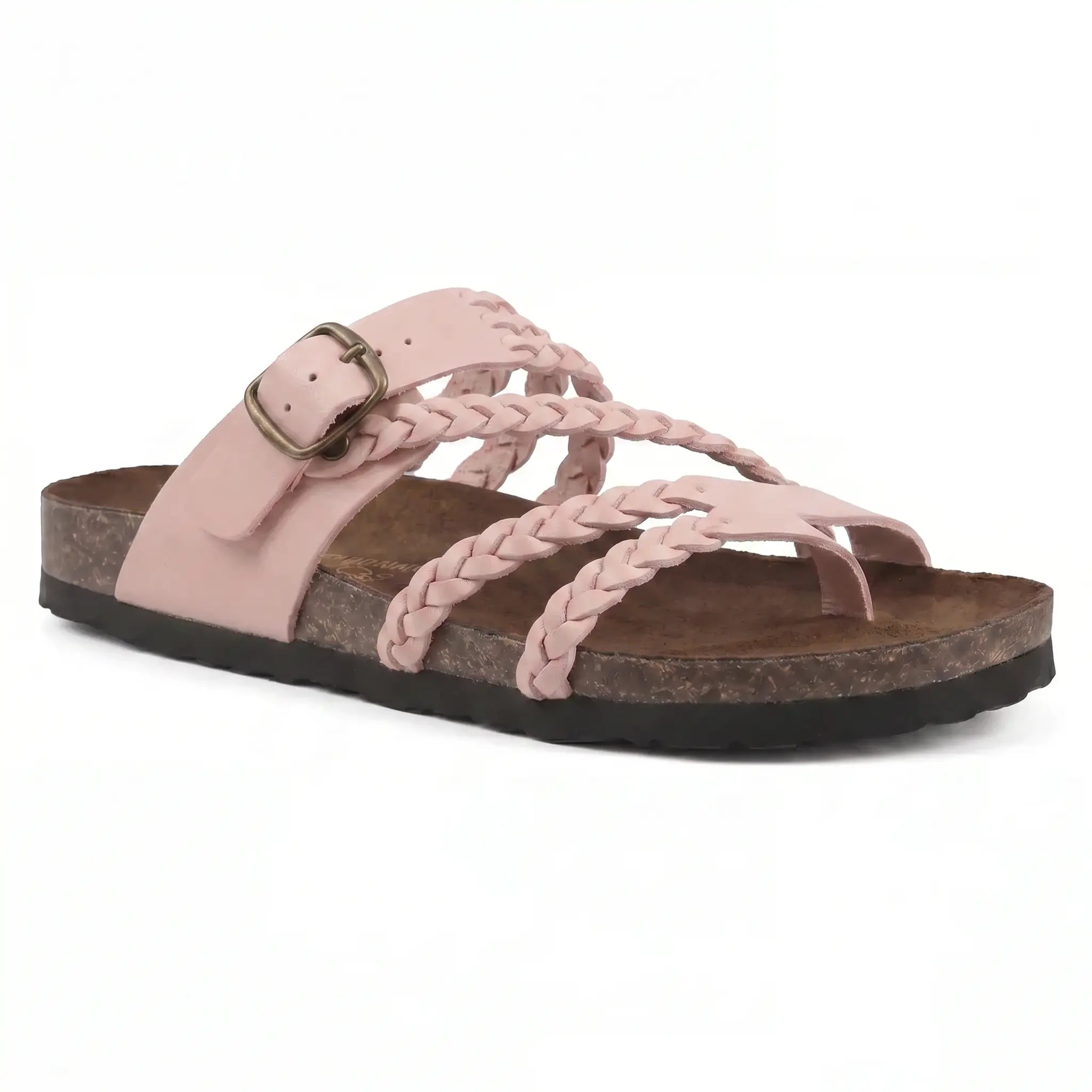 Sandali ortopedici con plantare comfort, cinturini intrecciati rosa chiaro e fibbia