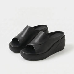 Sandali zeppa ortopedici slip-on neri in pelle con punta aperta