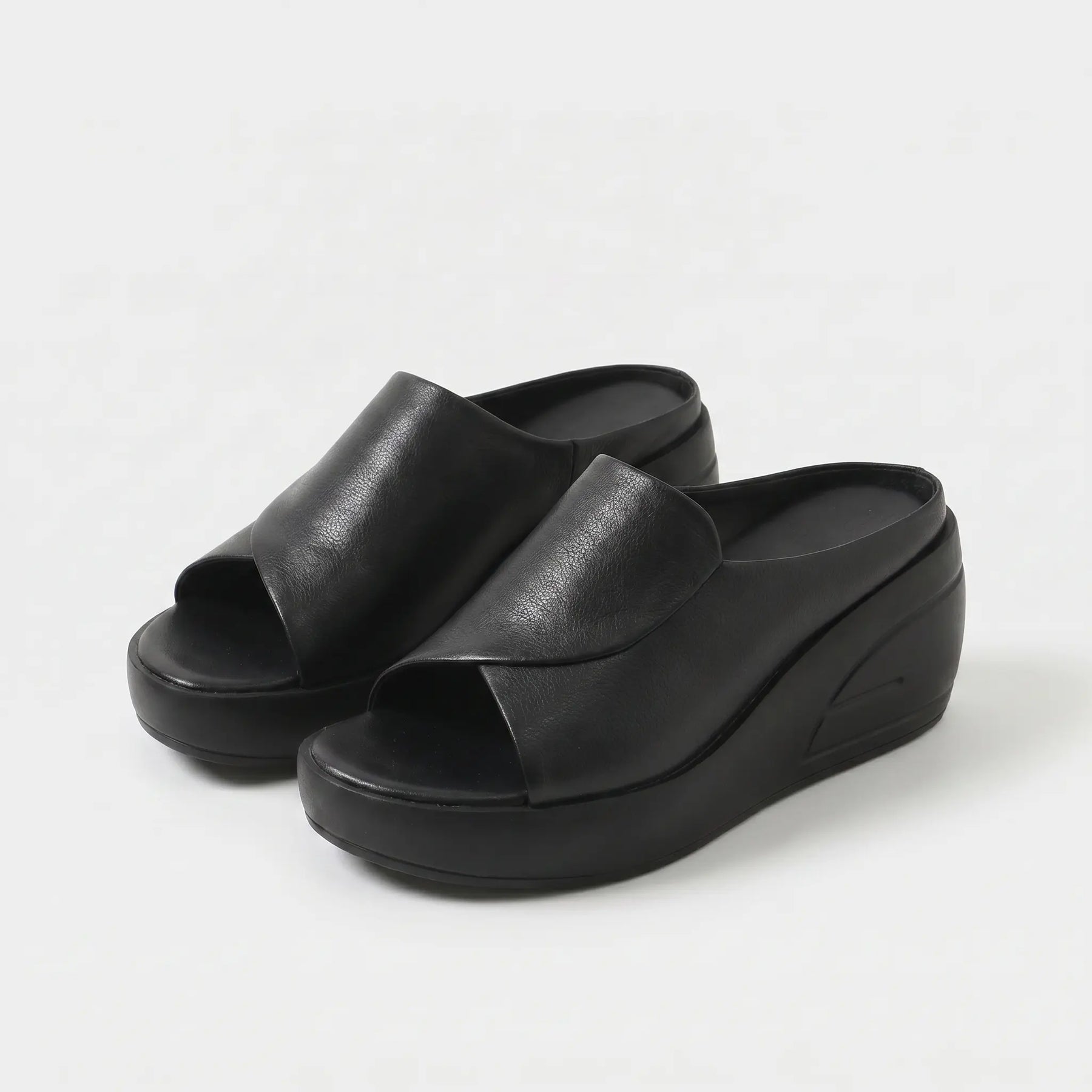 Sandali zeppa ortopedici slip-on neri in pelle con punta aperta