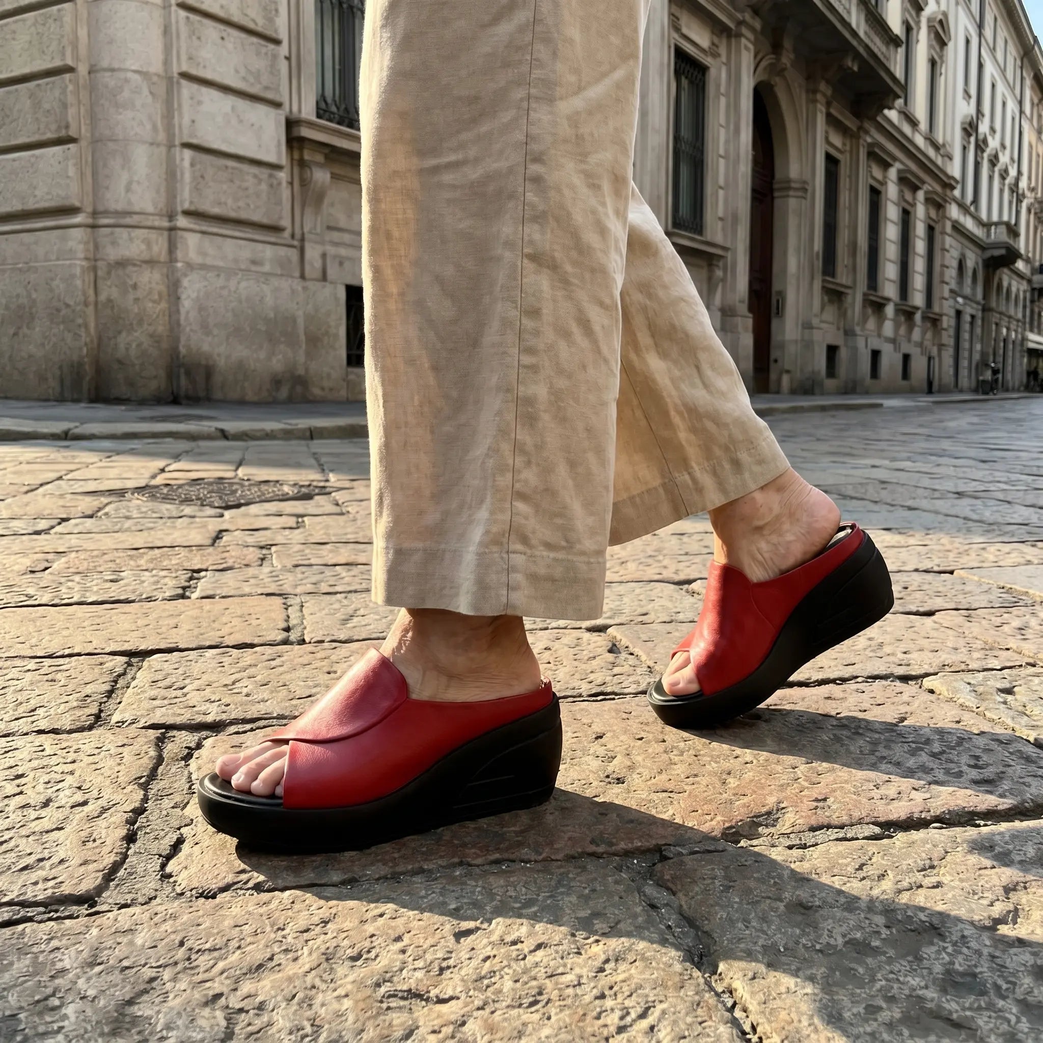 Sandali zeppa ortopedici slip-on rossi con punta aperta e suola rialzata