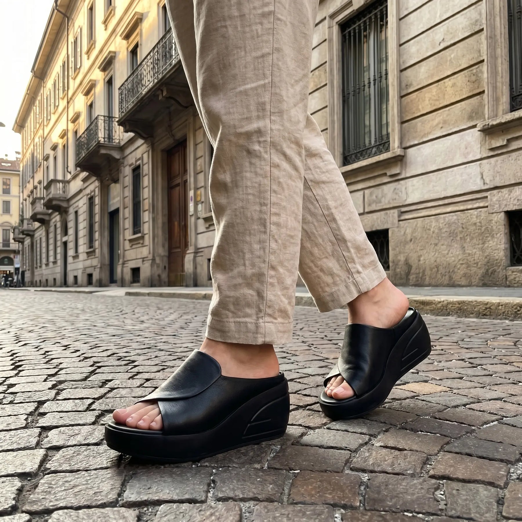Sandali zeppa ortopedici slip-on neri con punta aperta e suola rialzata