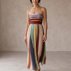 Abito lungo senza spalline a righe verticali multicolore, scollo bandeau, gonna fluida