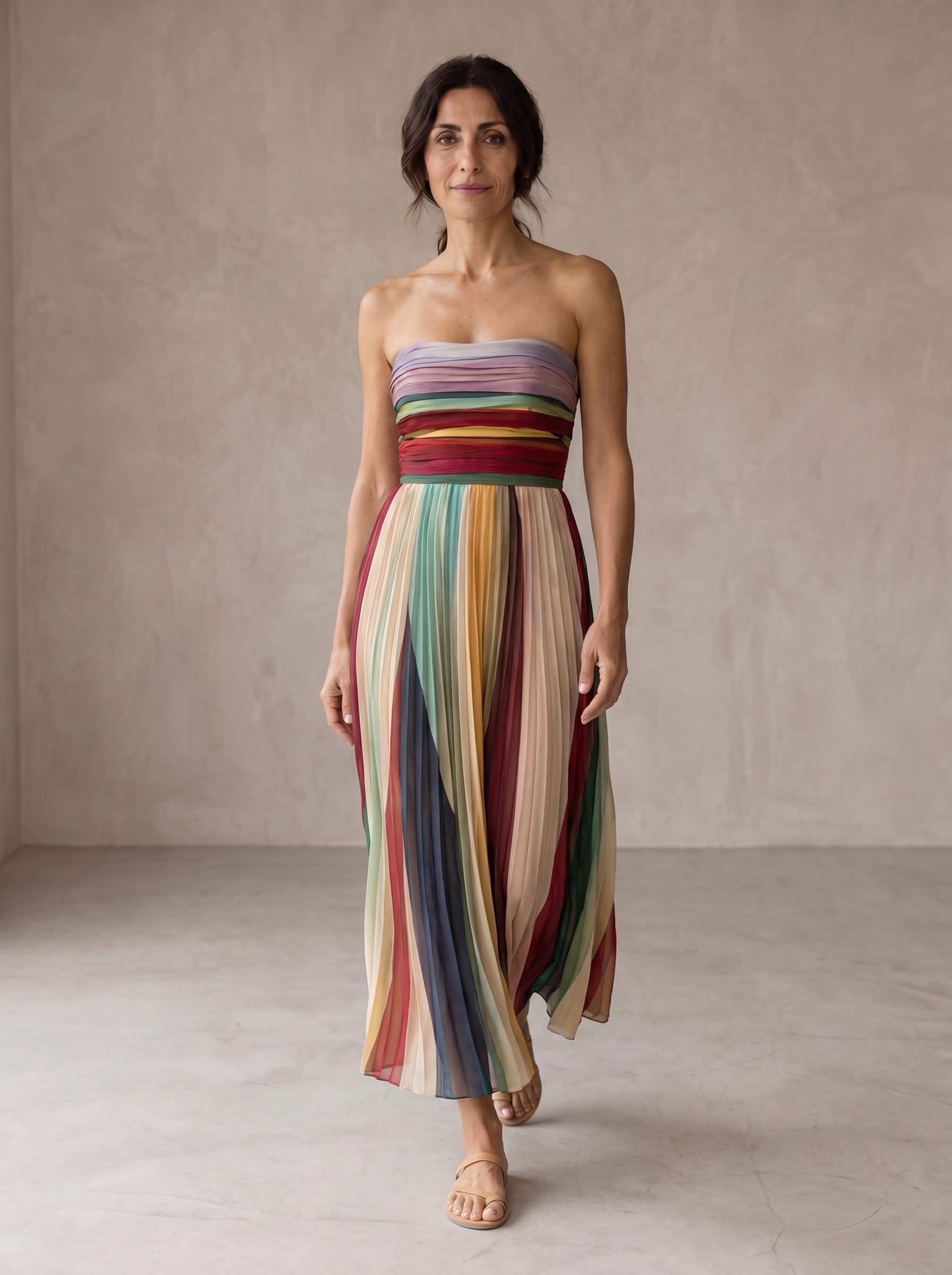 Abito lungo senza spalline a righe verticali multicolore, scollo bandeau, gonna fluida