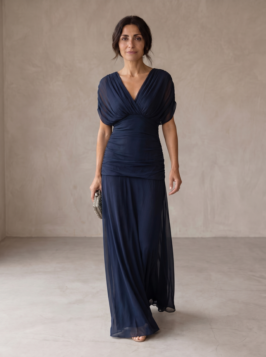 Abito blu elegante lungo con scollo a V e maniche a pipistrello, drappeggiato in vita
