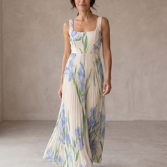 Abito maxi A-line floreale bianco con foglie azzurre e verdi, scollo quadrato