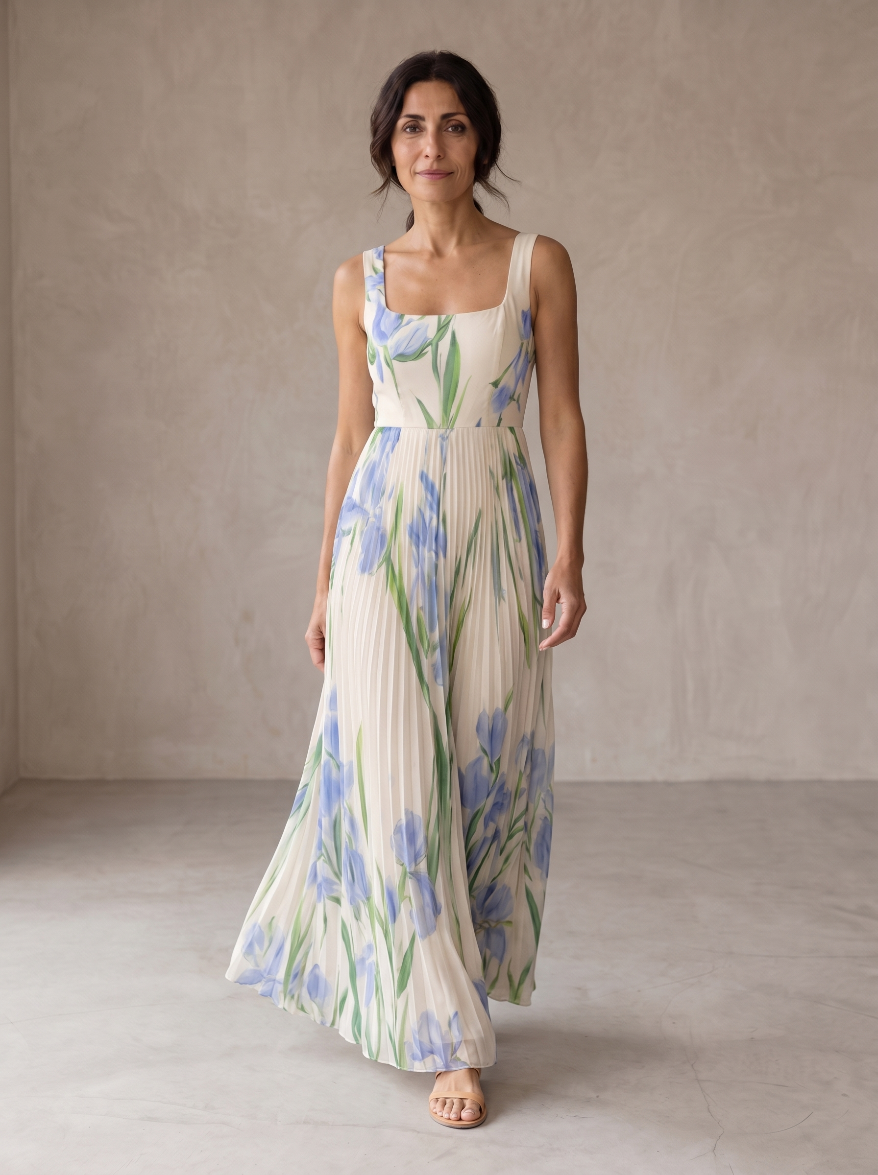 Abito maxi A-line floreale bianco con foglie azzurre e verdi, scollo quadrato