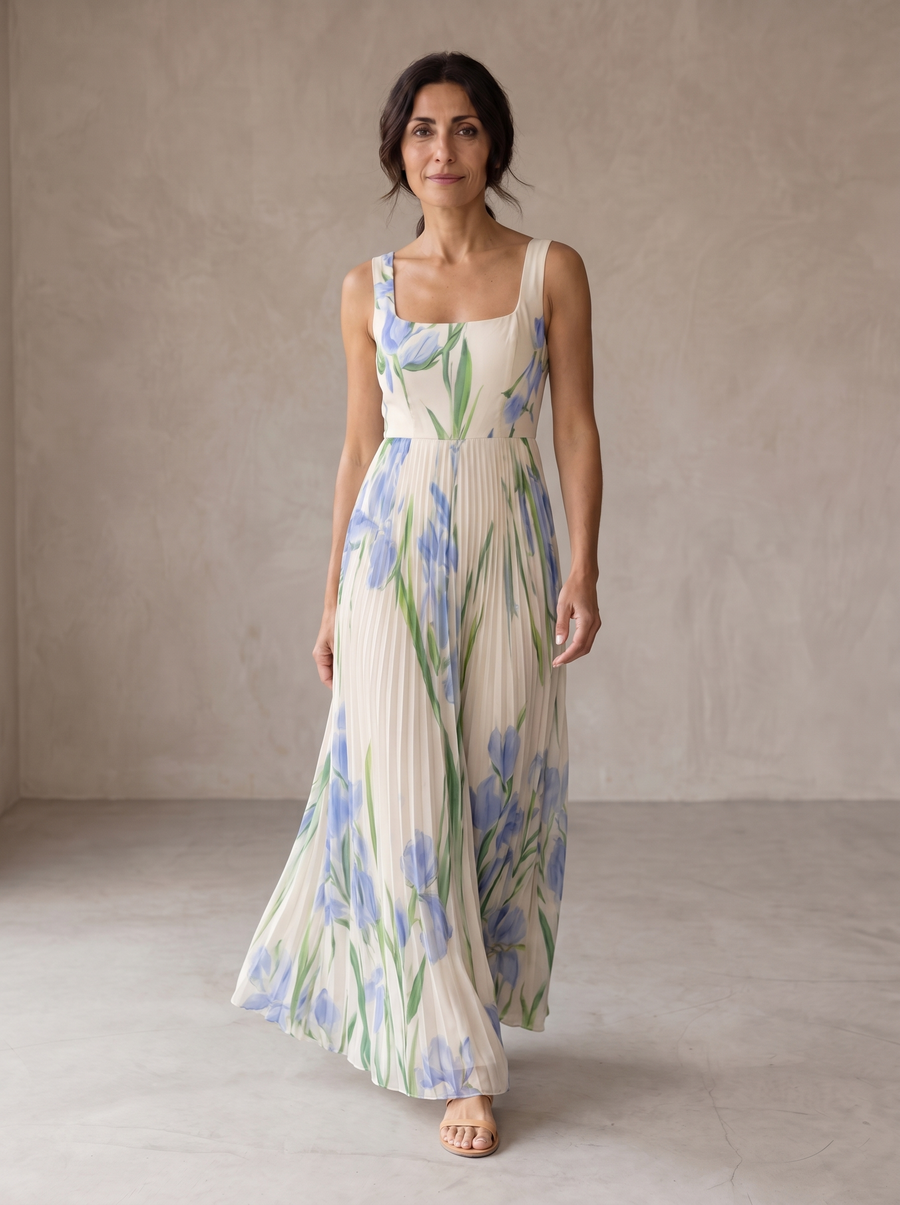 Abito maxi A-line floreale bianco con foglie azzurre e verdi, scollo quadrato