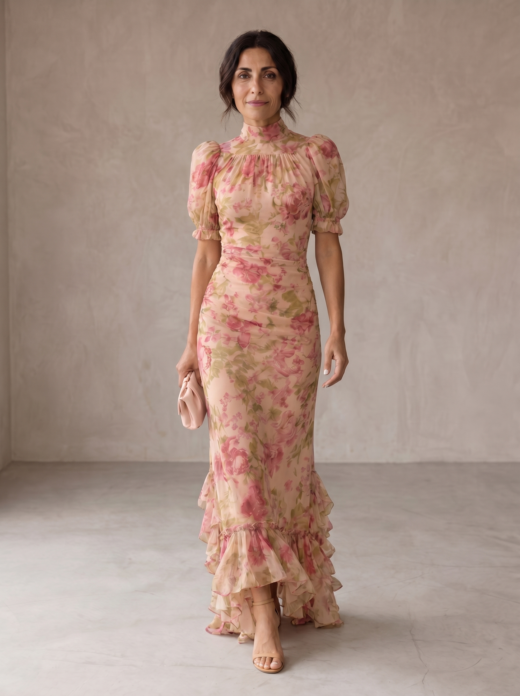 Abito lungo in chiffon floreale rosa, maniche a sbuffo e arricciature in vita