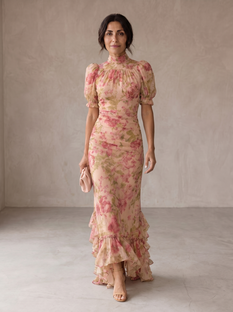 Abito lungo in chiffon floreale rosa, maniche a sbuffo e arricciature in vita
