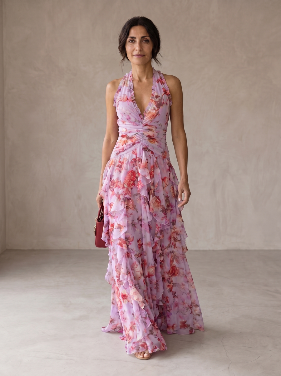 Abito lungo rosa con rose, scollo a V, spalline e balze arricciate in vita