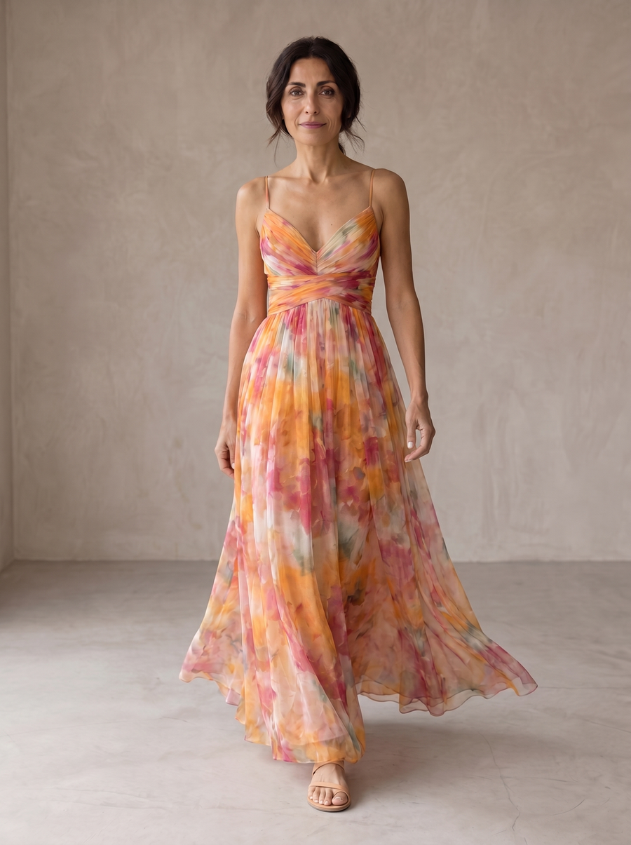 Abito maxi floreale multicolor con bretelle sottili e scollo incrociato, gonna fluida.