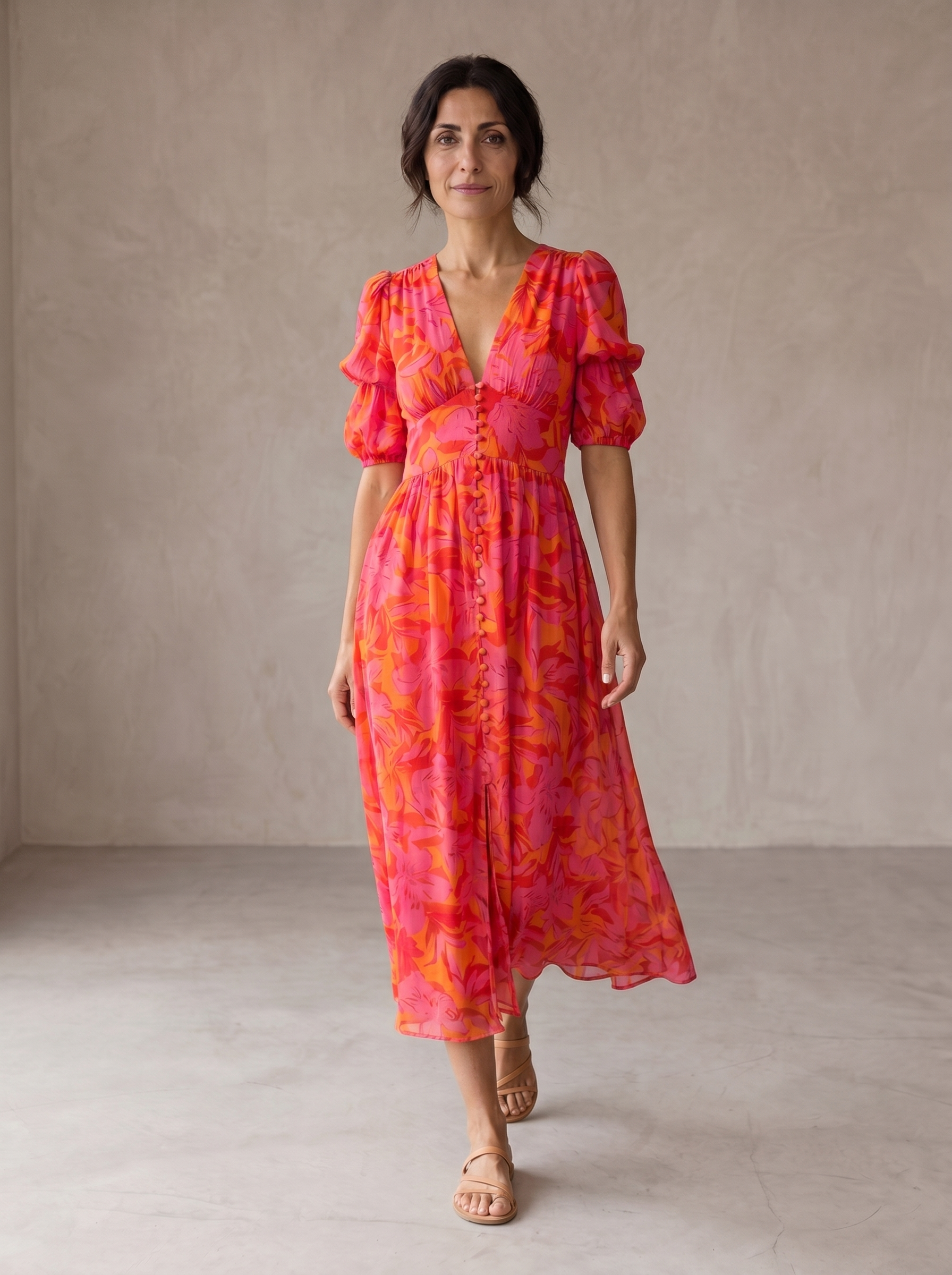 Abito maxi con scollo a V, maniche a sbuffo e gonna ampia a fantasia rosa-arancio