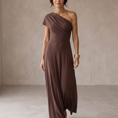 Vestito lungo monospalla drappeggiato marrone scuro