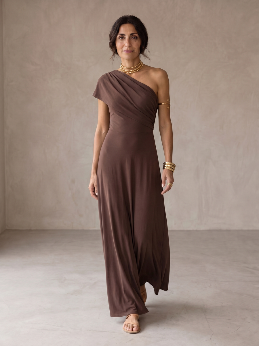Vestito lungo monospalla drappeggiato marrone scuro