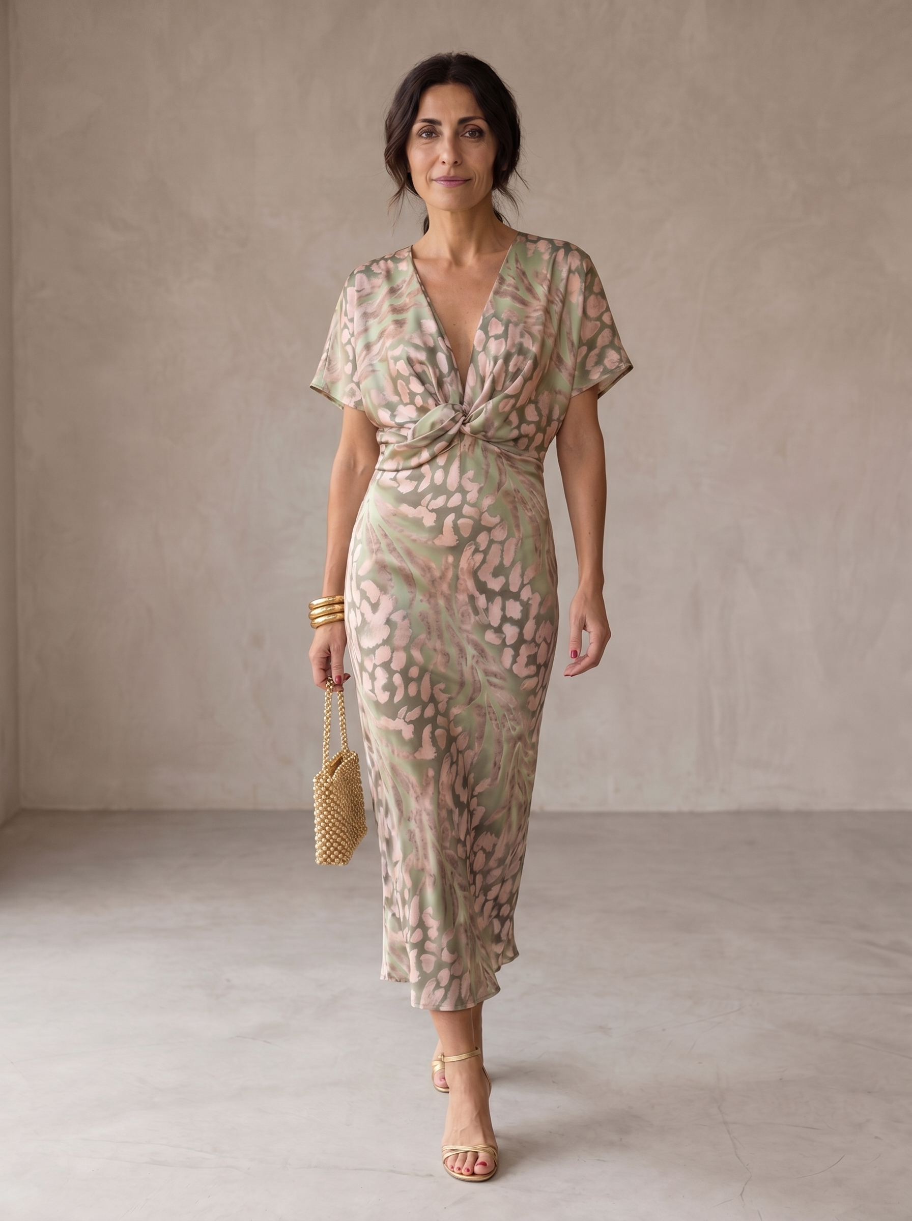 Vestito midi elegante con scollo a V, maniche corte e nodo in vita, fantasia verde e marrone
