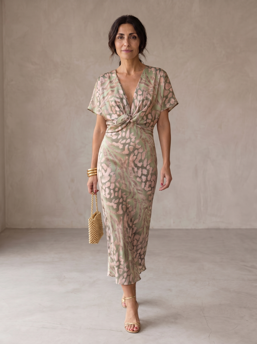 Vestito midi elegante con scollo a V, maniche corte e nodo in vita, fantasia verde e marrone