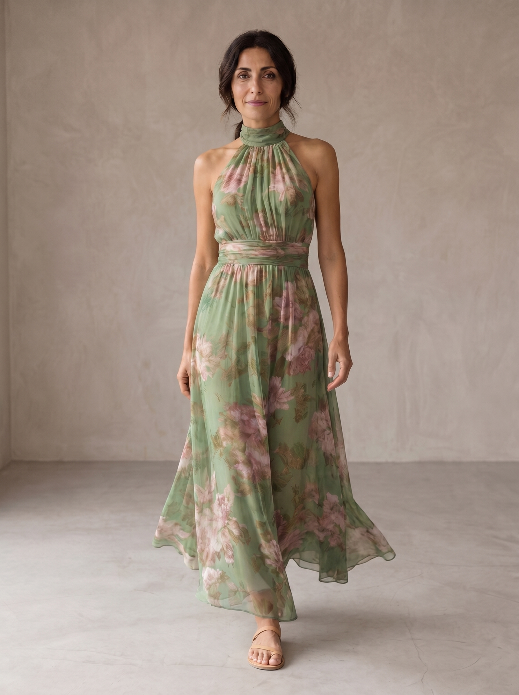 Abito maxi halter verde menta con stampa floreale rosa, scollo alto arricciato e vita in cintura