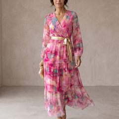 Vestito a portafoglio rosso rosa con stampa floreale, scollo a V e cintura