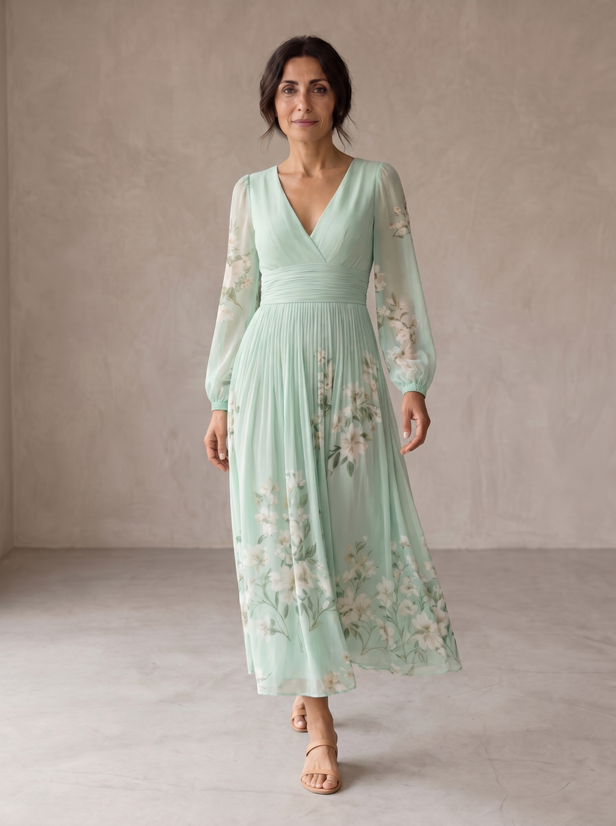Abito midi verde chiaro con scollo a V, maniche a palloncino e fiori