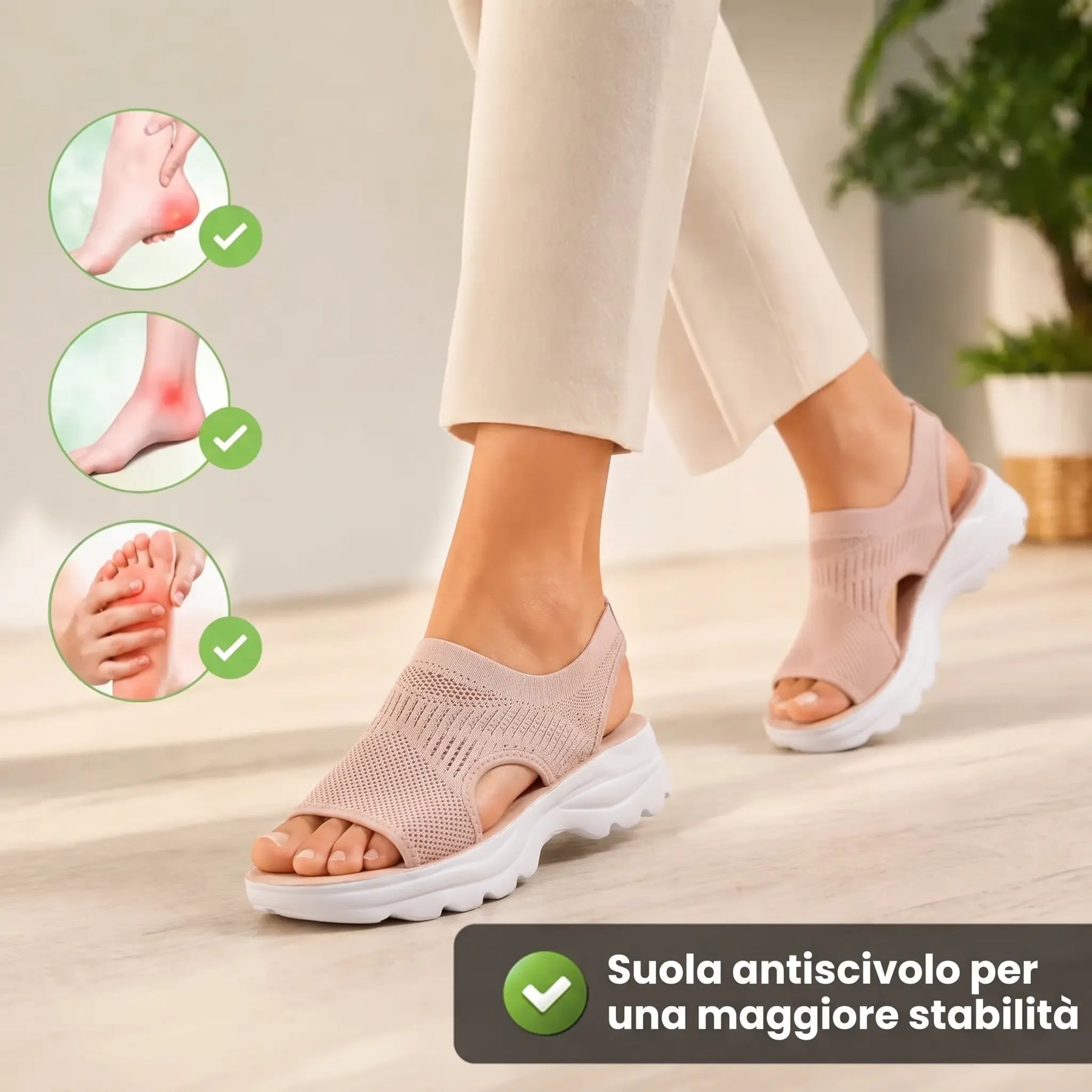 Sandali ortopedici antiscivolo rosa con suola bianca, indossati su piede, punta aperta