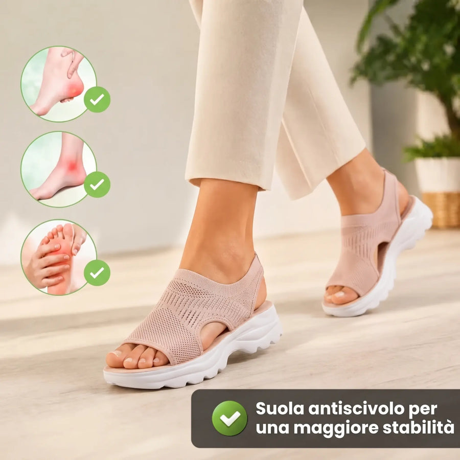 Sandali ortopedici antiscivolo rosa con suola bianca, indossati su piede, punta aperta