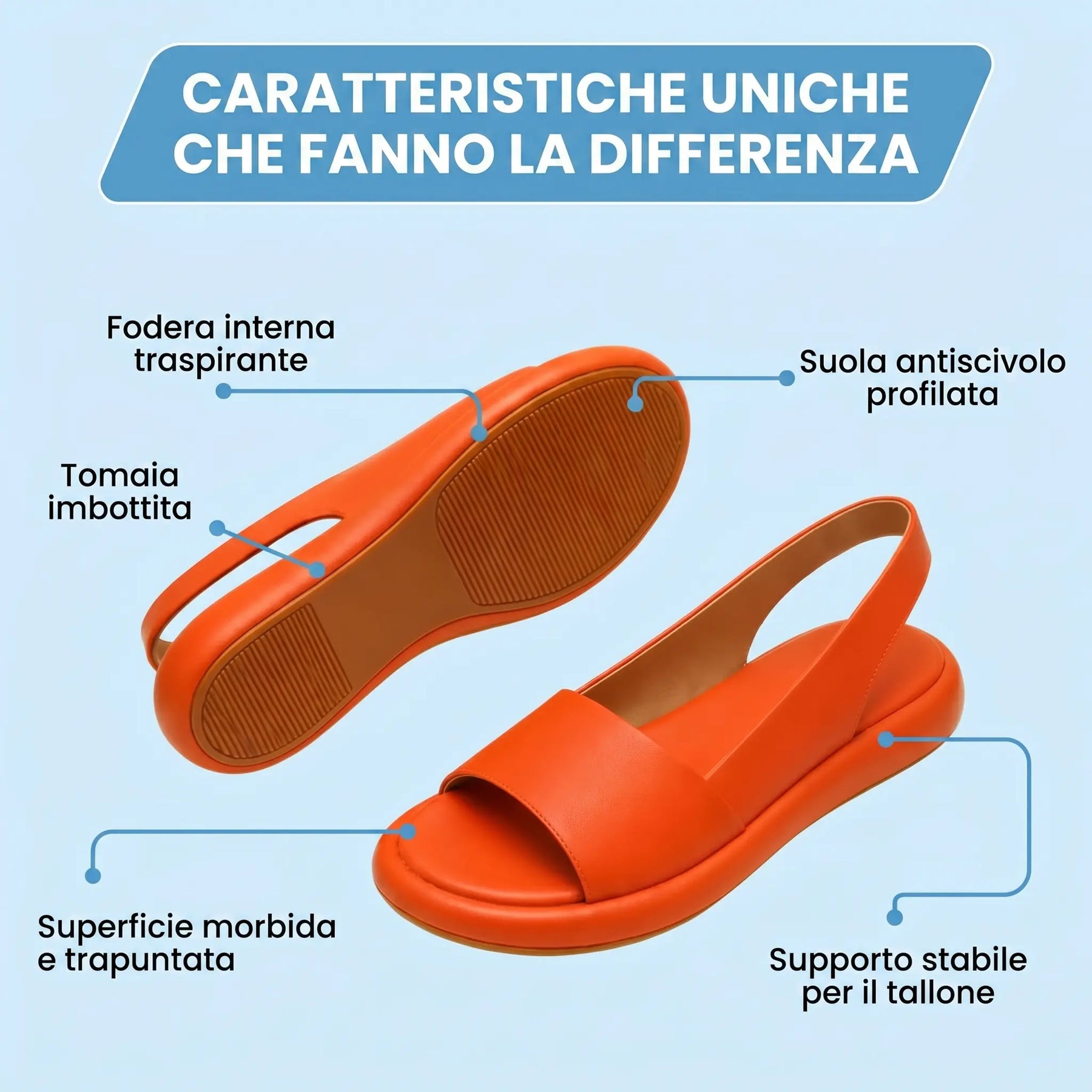 Sandali ortopedici comodi arancioni: suola antiscivolo e supporto stabile per il tallone