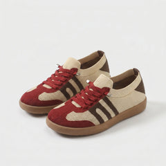 Scarpe comfort ortopediche beige e bordeaux, lacci rossi, suola marrone